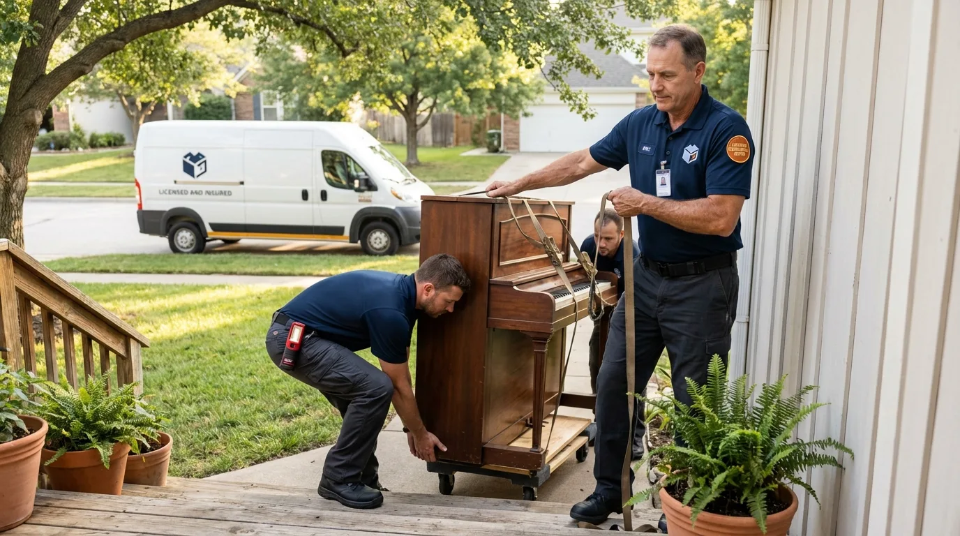Licensed piano movers securing grand piano in Wheaton, MN