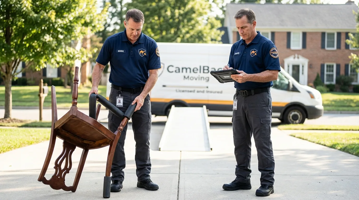 Movers inspecting furniture for damage prevention before loading in Wheaton, MN