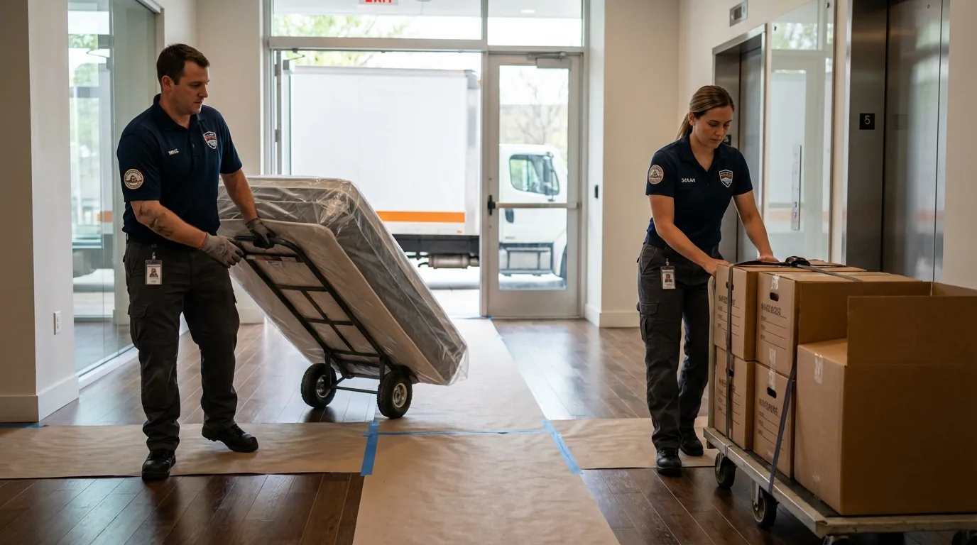 Professional apartment movers loading elevator in Wheaton, MN