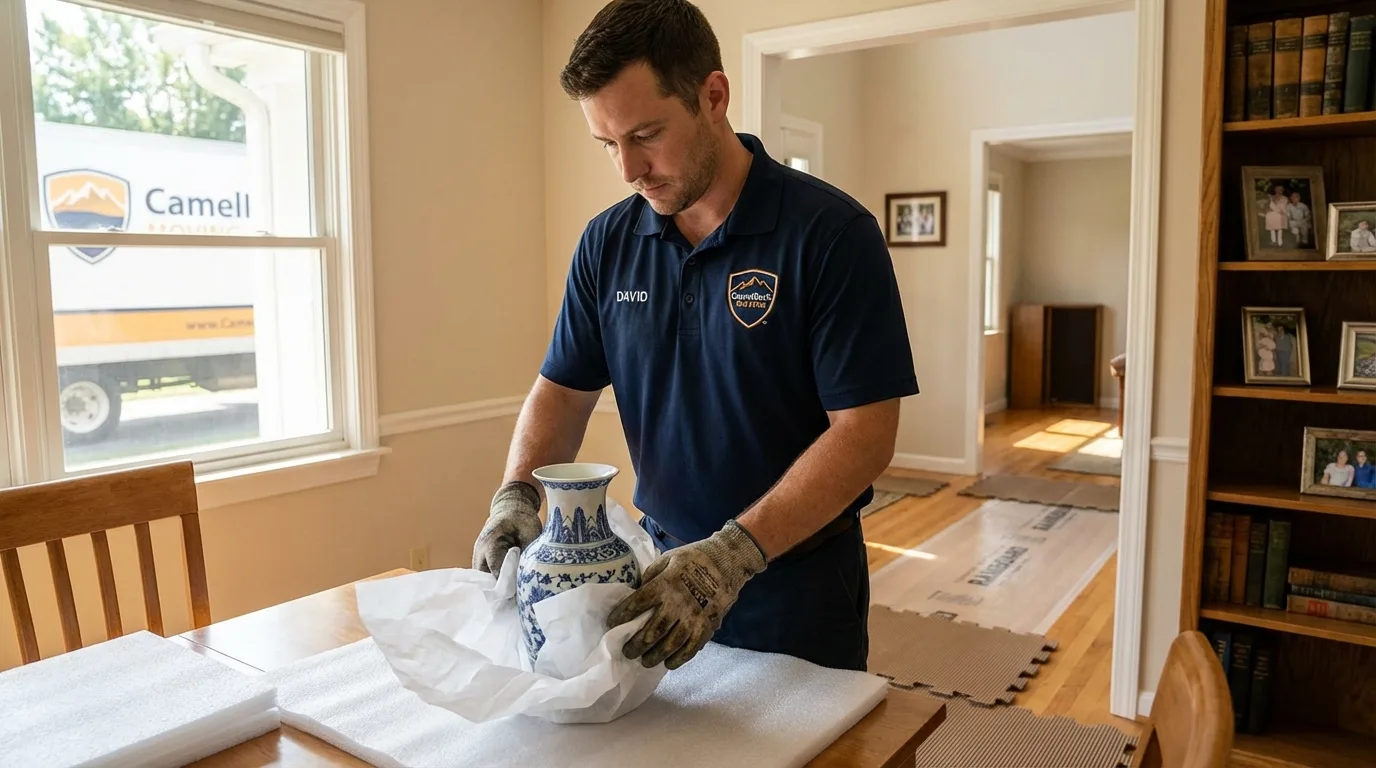 Professional crew carefully wrapping antique vase for senior downsizing move in Wheaton, MN